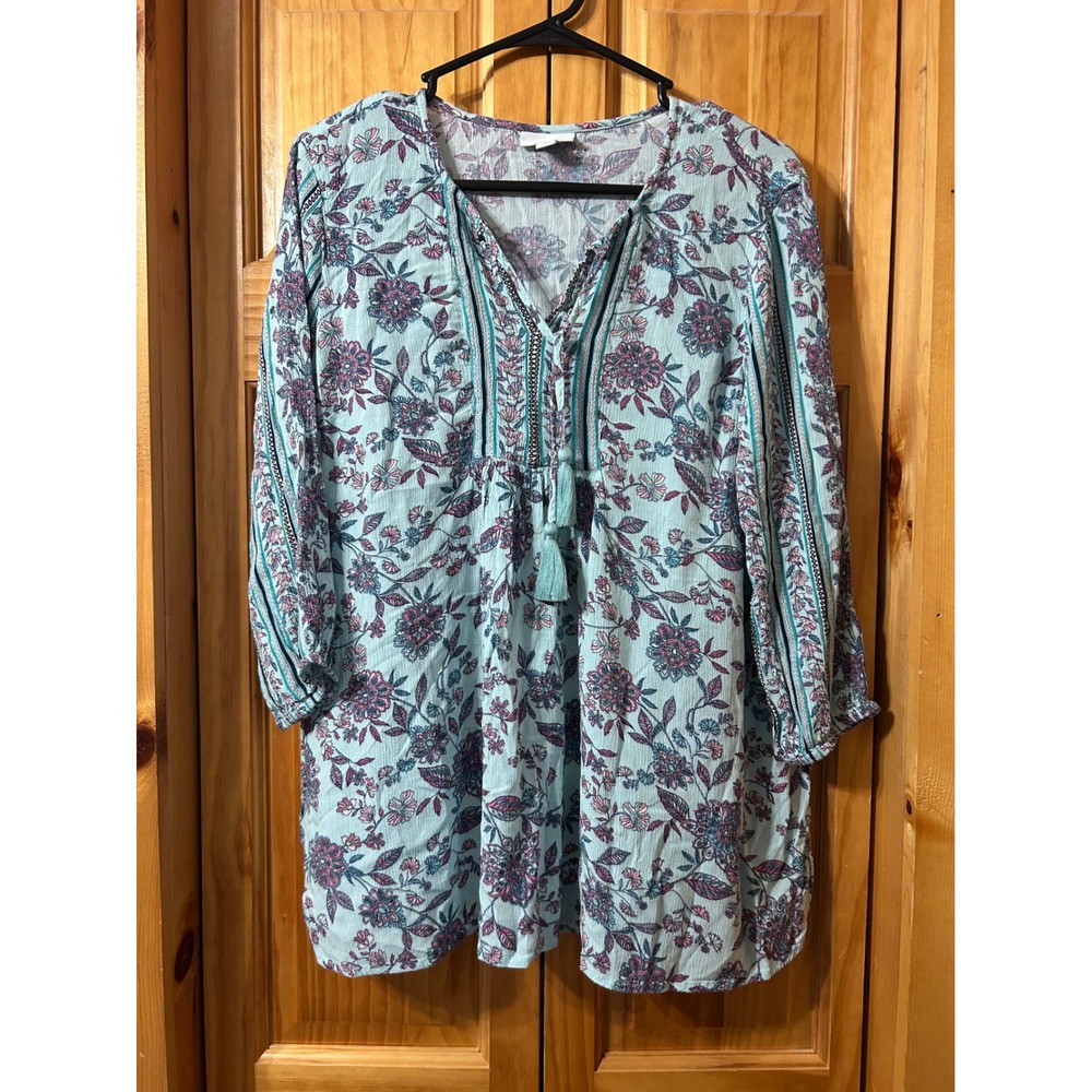 J.Jill‎ Ashbury Peasant Blouse Womens Small Floral Tassel Tie Neck Canal Blue